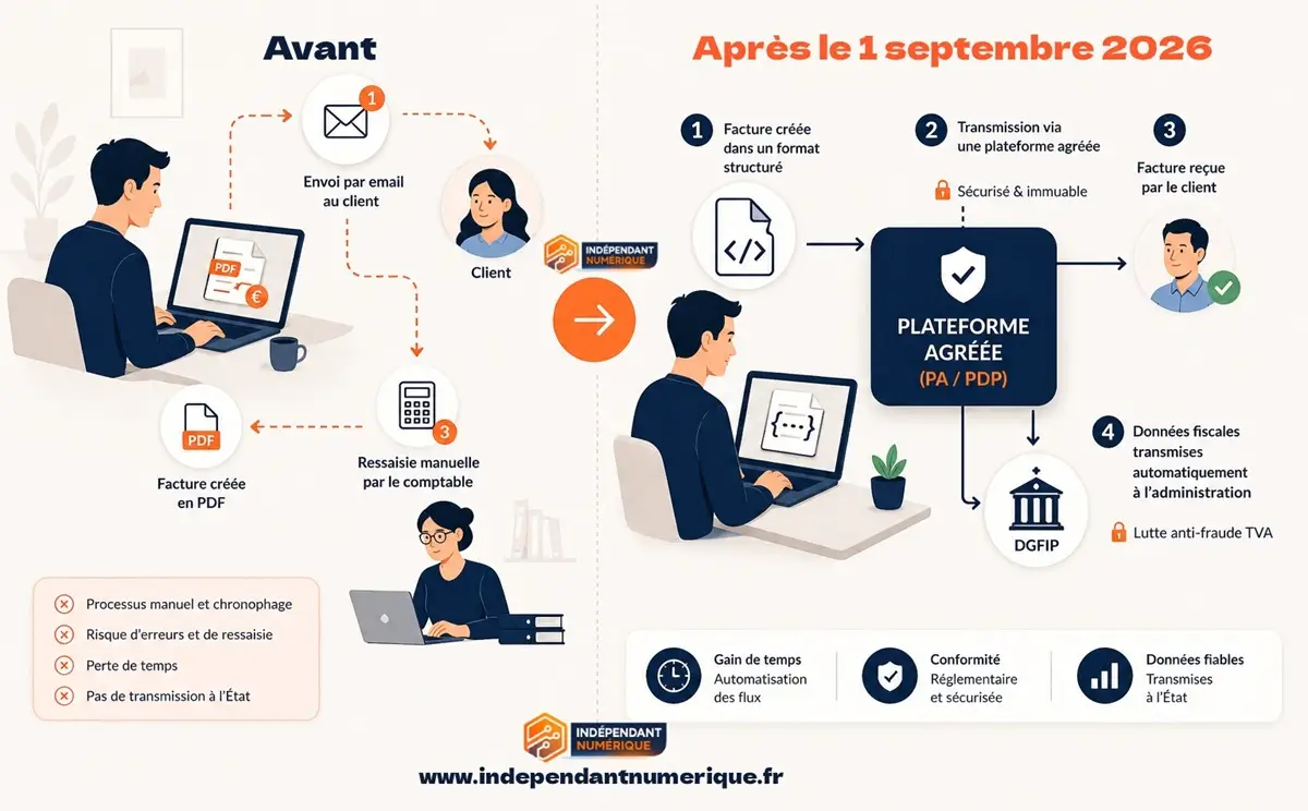 Schéma comparatif facturation électronique : avant (PDF par email) vs après (plateforme agréée DGFIP)